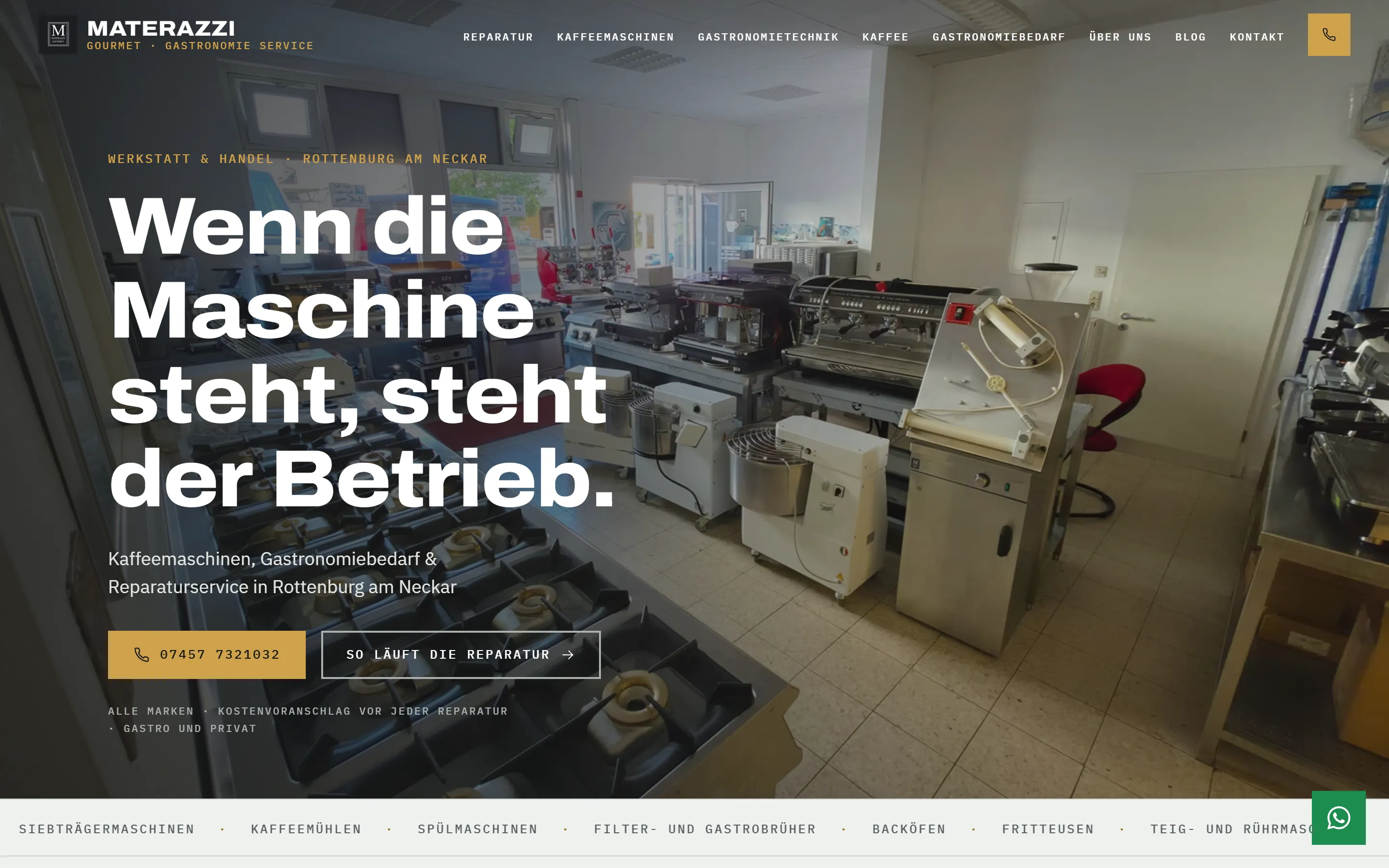 Screenshot der Website von Materazzi Gourmet: Kaffeemaschinen, Gastronomietechnik und Reparaturservice in Rottenburg am Neckar