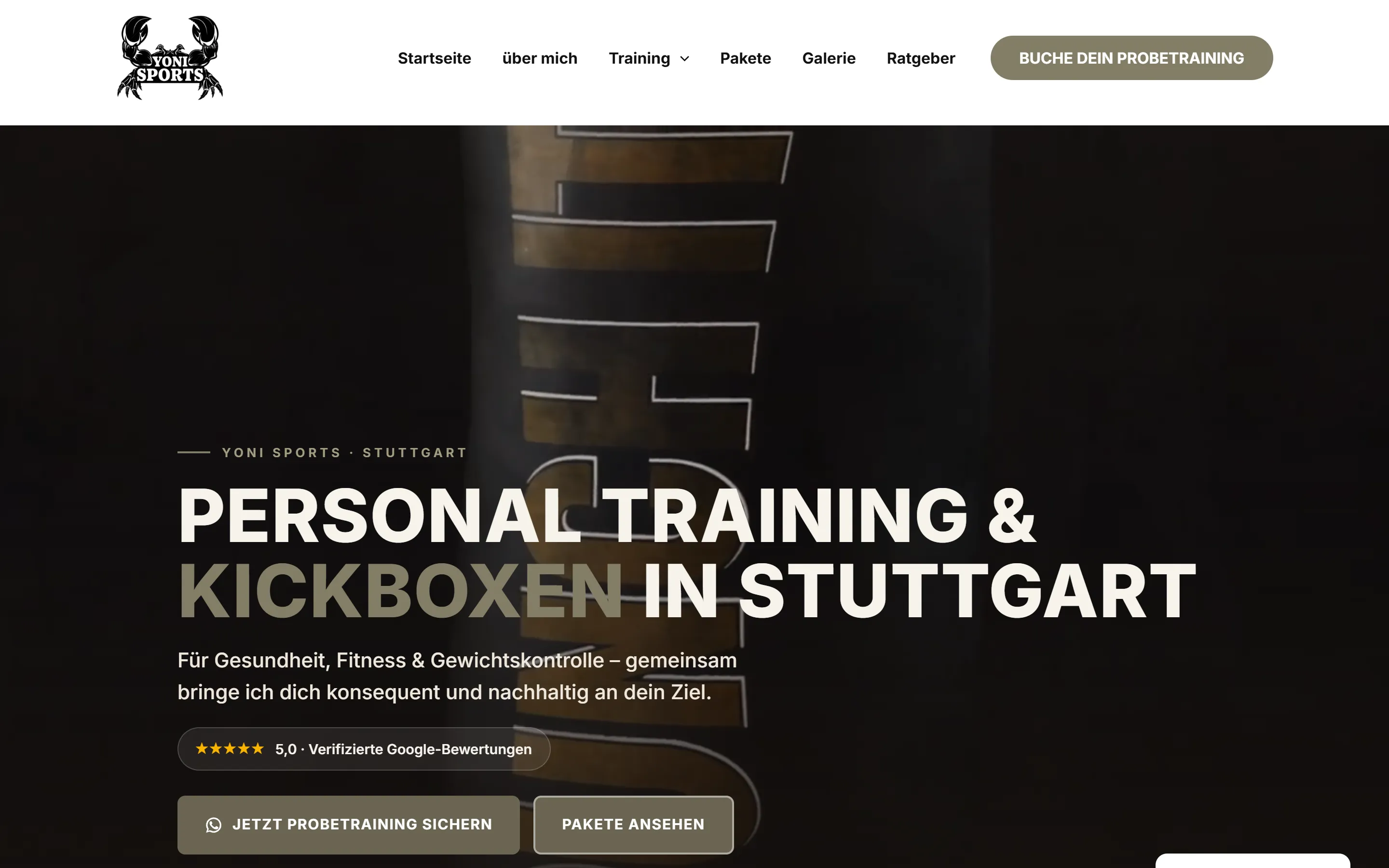 Screenshot der Website von Yoni Sports: Personal Training und Kickboxen in Stuttgart